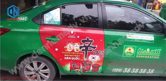 Mì Nongshim quảng cáo trên 2 cánh cửa xe taxi Mai Linh Tiền Giang